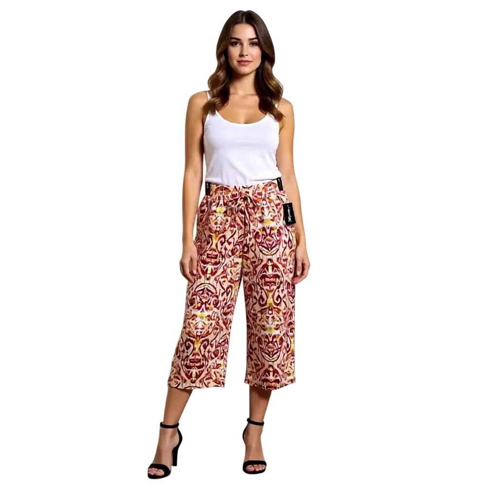 Messini‎ Petite Palazzo Pants Wide Leg Cropped Tribal Print Drawstring Waist PM